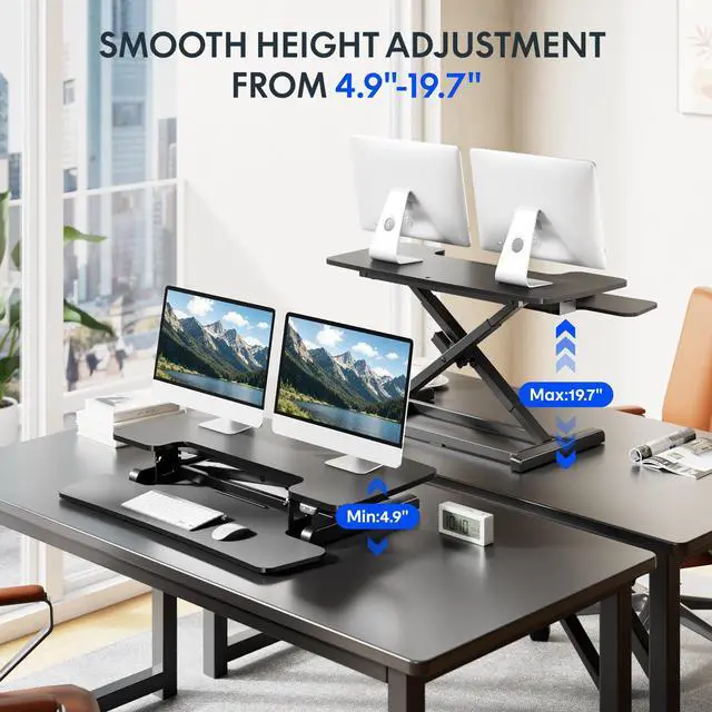 Alt view image 4 of 7 - 36" Electric Standing Desk Converter, Motorized Sit to Stand Desk Riser, Height Adjustable Desktop Dual Monitor Workstation with Large Keyboard Tray, Black