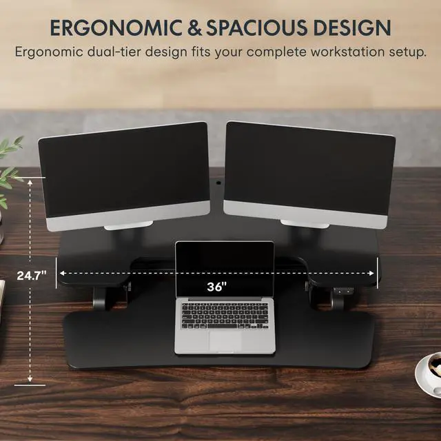 Alt view image 5 of 7 - 36" Electric Standing Desk Converter, Motorized Sit to Stand Desk Riser, Height Adjustable Desktop Dual Monitor Workstation with Large Keyboard Tray, Black
