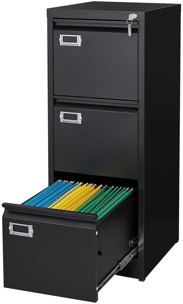 Main image of Metal Vertical File Cabinet with LockNarrow Filing Cabinets Hanging Files Letter/Legal/A4 Size, Metal Storage Cabinet for Home Office, Assembly Required (Black, 3-Drawer)
