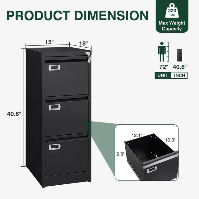 Alt view image 3 of 7 - Metal Vertical File Cabinet with LockNarrow Filing Cabinets Hanging Files Letter/Legal/A4 Size, Metal Storage Cabinet for Home Office, Assembly Required (Black, 3-Drawer)