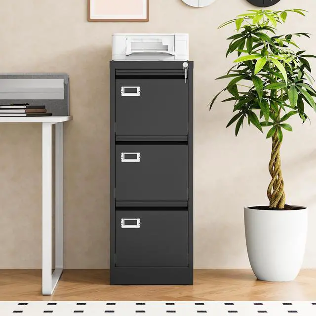 Alt view image 4 of 7 - Metal Vertical File Cabinet with LockNarrow Filing Cabinets Hanging Files Letter/Legal/A4 Size, Metal Storage Cabinet for Home Office, Assembly Required (Black, 3-Drawer)