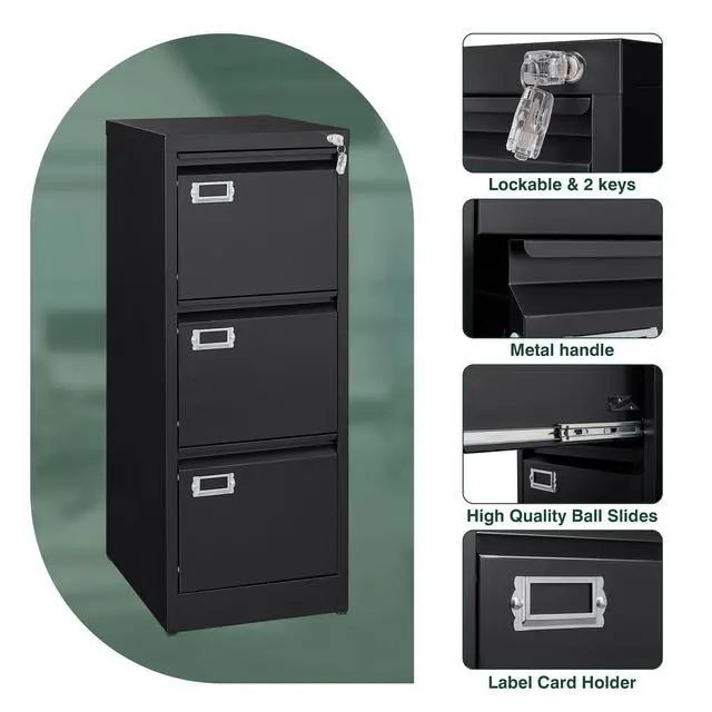 Alt view image 6 of 7 - Metal Vertical File Cabinet with LockNarrow Filing Cabinets Hanging Files Letter/Legal/A4 Size, Metal Storage Cabinet for Home Office, Assembly Required (Black, 3-Drawer)