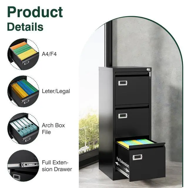 Alt view image 7 of 7 - Metal Vertical File Cabinet with LockNarrow Filing Cabinets Hanging Files Letter/Legal/A4 Size, Metal Storage Cabinet for Home Office, Assembly Required (Black, 3-Drawer)