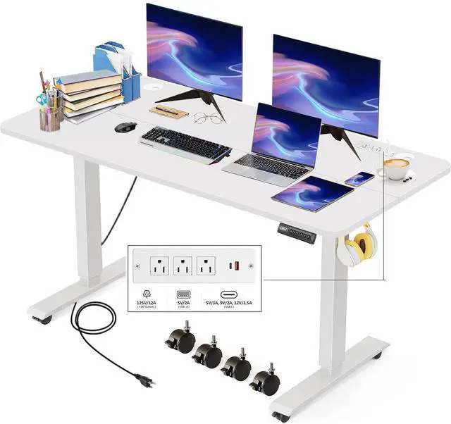 Main image of Electric Standing Desk with Power Outlets and USB-C Port, 55 x 24 Inches Adjustable Height Sit Stand Up Desk for Home Office, Adjustable Desk with Memory Preset and Wheels, White