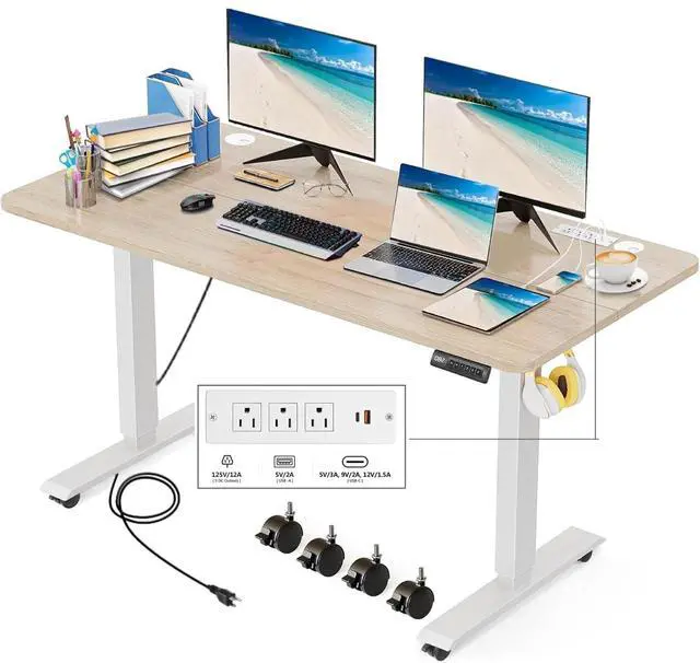 Main image of Electric Standing Desk with Power Outlets and USB-C Port, 55 x 24 Inches Adjustable Height Sit Stand Up Desk for Home Office, Adjustable Desk with Memory Preset and Wheels, Oak