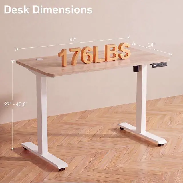Alt view image 3 of 7 - Electric Standing Desk with Power Outlets and USB-C Port, 55 x 24 Inches Adjustable Height Sit Stand Up Desk for Home Office, Adjustable Desk with Memory Preset and Wheels, Oak