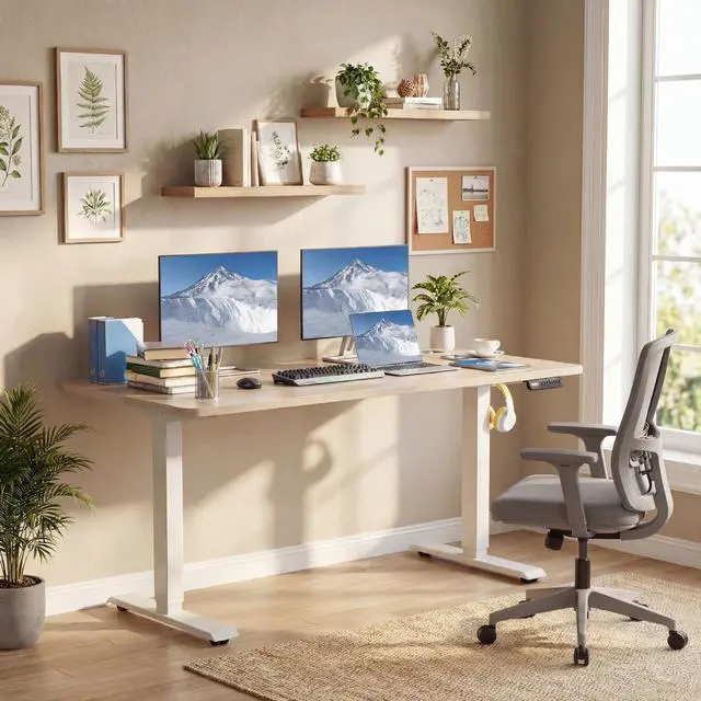Alt view image 2 of 7 - Electric Standing Desk with Power Outlets and USB-C Port, 55 x 24 Inches Adjustable Height Sit Stand Up Desk for Home Office, Adjustable Desk with Memory Preset and Wheels, Oak