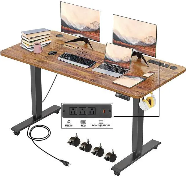 Main image of Electric Standing Desk with Power Outlets and USB-C Port, 55 x 24 Inches Adjustable Height Sit Stand Up Desk for Home Office, Adjustable Desk with Memory Preset and Wheels, Brown