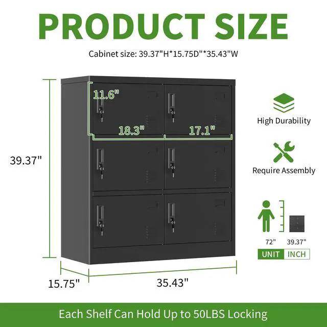 Alt view image 3 of 6 - 6 Doors Metal Lockers for Employees, Steel Storage Locker with Lock and Card Slot, Employee Lockers for Home, Office, School, Gym, Require Assembly(Black)