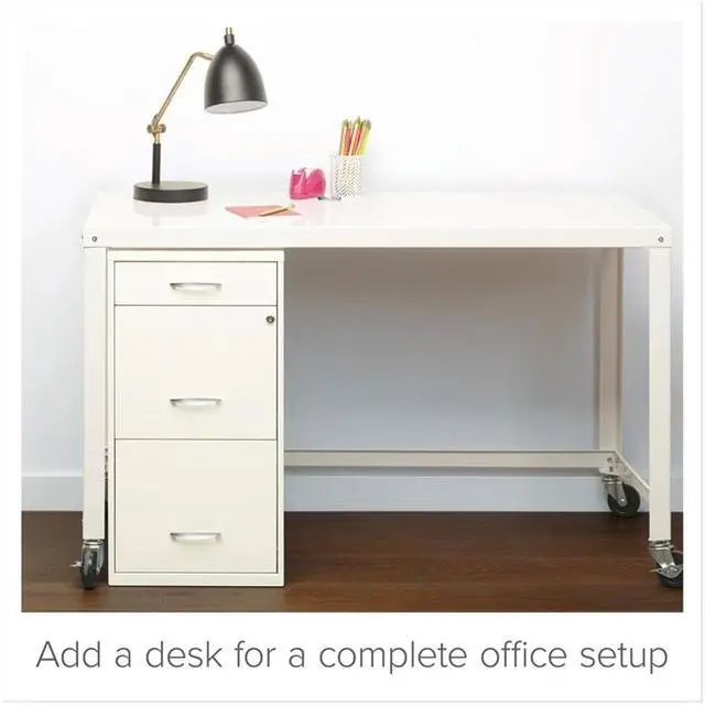 Alt view image 7 of 7 - 3-Drawer Metal Filing Cabinet, 27.32" H x 14.25" W x 18.00" D, Pearl White Finish, Locking Storage with Letter-Size File Drawers, Non-Porous Painted Steel for Home or Office