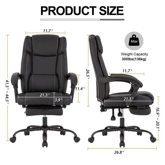 Alt view image 2 of 7 - Reclining Office Chair with Footrest,Ergonomic Home Office Desk Computer Chair with Lumbar Support,Thick Executive Leather Chair,90-155° Adjustable (Black)