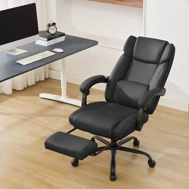Alt view image 3 of 7 - Reclining Office Chair with Footrest,Ergonomic Home Office Desk Computer Chair with Lumbar Support,Thick Executive Leather Chair,90-155° Adjustable (Black)
