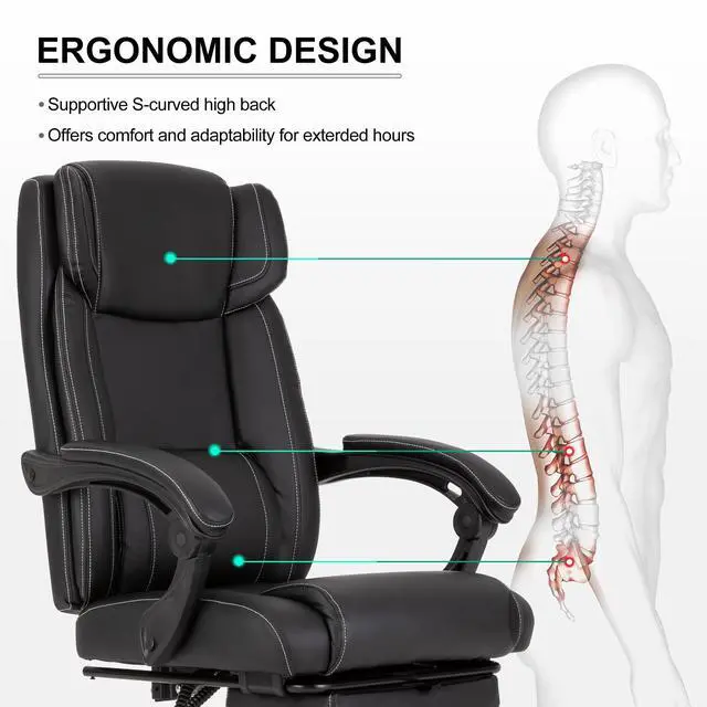 Alt view image 5 of 7 - Reclining Office Chair with Footrest,Ergonomic Home Office Desk Computer Chair with Lumbar Support,Thick Executive Leather Chair,90-155° Adjustable (Black)