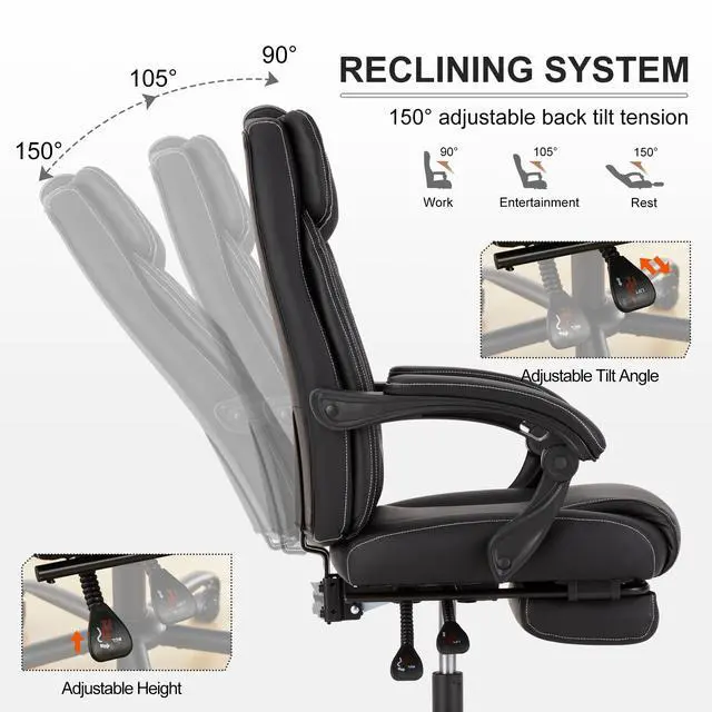 Alt view image 4 of 7 - Reclining Office Chair with Footrest,Ergonomic Home Office Desk Computer Chair with Lumbar Support,Thick Executive Leather Chair,90-155° Adjustable (Black)