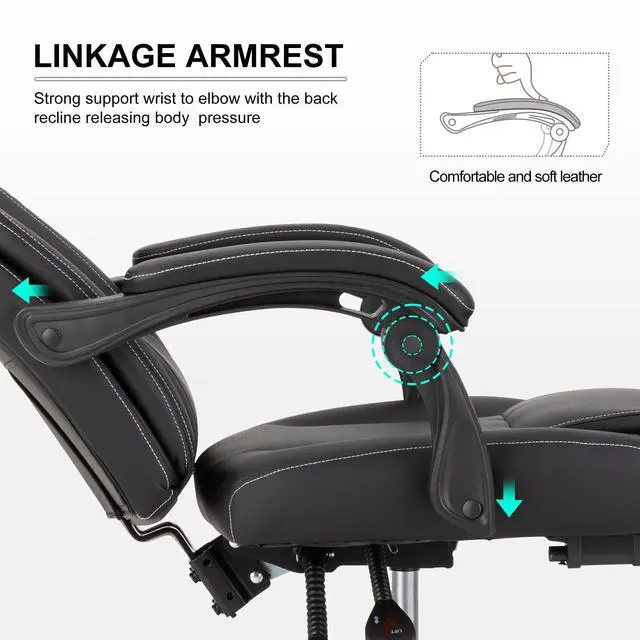 Alt view image 6 of 7 - Reclining Office Chair with Footrest,Ergonomic Home Office Desk Computer Chair with Lumbar Support,Thick Executive Leather Chair,90-155° Adjustable (Black)