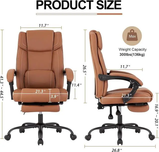 Alt view image 2 of 7 - Reclining Office Chair with Footrest,Ergonomic Home Office Desk Computer Chair with Lumbar Support,Thick Executive Leather Chair,90-155° Adjustable (Brown)
