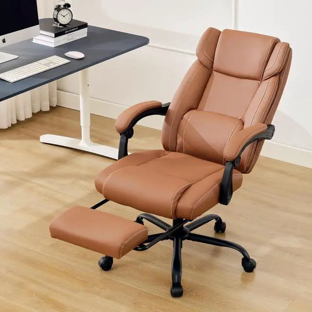 Main image of Reclining Office Chair with Footrest,Ergonomic Home Office Desk Computer Chair with Lumbar Support,Thick Executive Leather Chair,90-155° Adjustable (Brown)