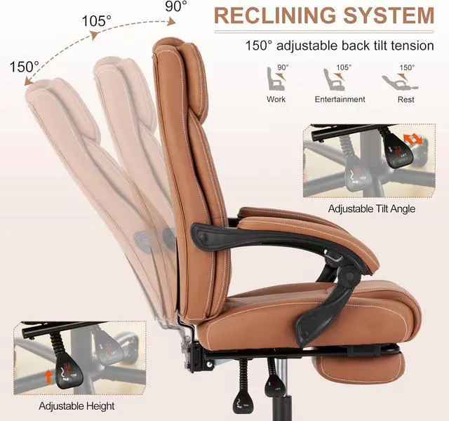 Alt view image 4 of 7 - Reclining Office Chair with Footrest,Ergonomic Home Office Desk Computer Chair with Lumbar Support,Thick Executive Leather Chair,90-155° Adjustable (Brown)