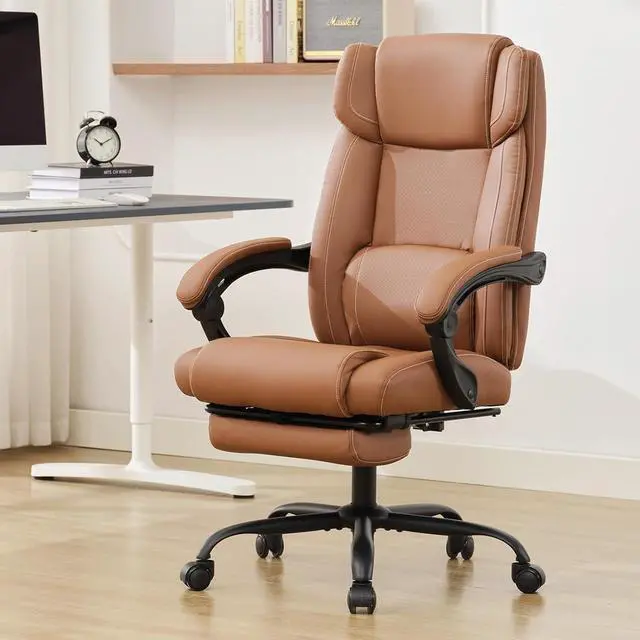 Alt view image 3 of 7 - Reclining Office Chair with Footrest,Ergonomic Home Office Desk Computer Chair with Lumbar Support,Thick Executive Leather Chair,90-155° Adjustable (Brown)