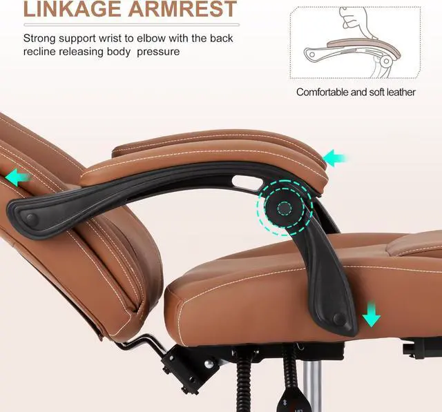 Alt view image 5 of 7 - Reclining Office Chair with Footrest,Ergonomic Home Office Desk Computer Chair with Lumbar Support,Thick Executive Leather Chair,90-155° Adjustable (Brown)