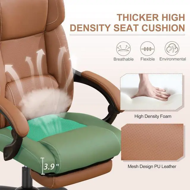Alt view image 6 of 7 - Reclining Office Chair with Footrest,Ergonomic Home Office Desk Computer Chair with Lumbar Support,Thick Executive Leather Chair,90-155° Adjustable (Brown)