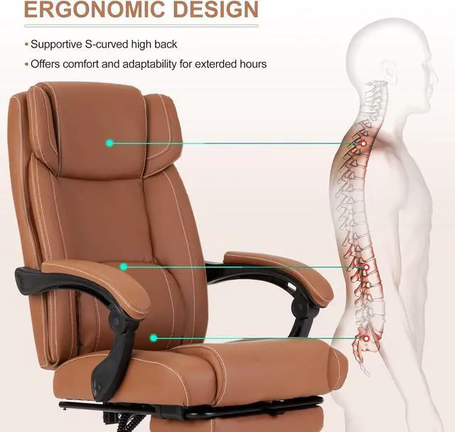 Alt view image 7 of 7 - Reclining Office Chair with Footrest,Ergonomic Home Office Desk Computer Chair with Lumbar Support,Thick Executive Leather Chair,90-155° Adjustable (Brown)