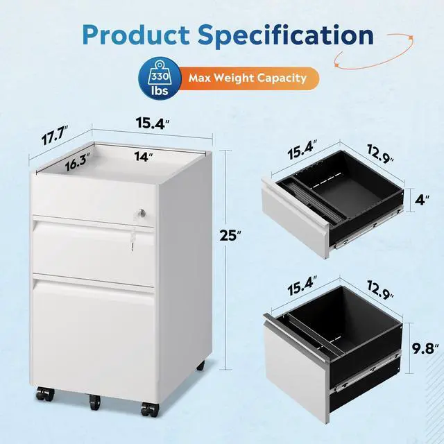 Alt view image 3 of 7 - 2 Drawer File Cabinet with Lock, Required Assembly | Under Desk Metal Filing Cabinet for Home Office Organizer Letter/A4, White