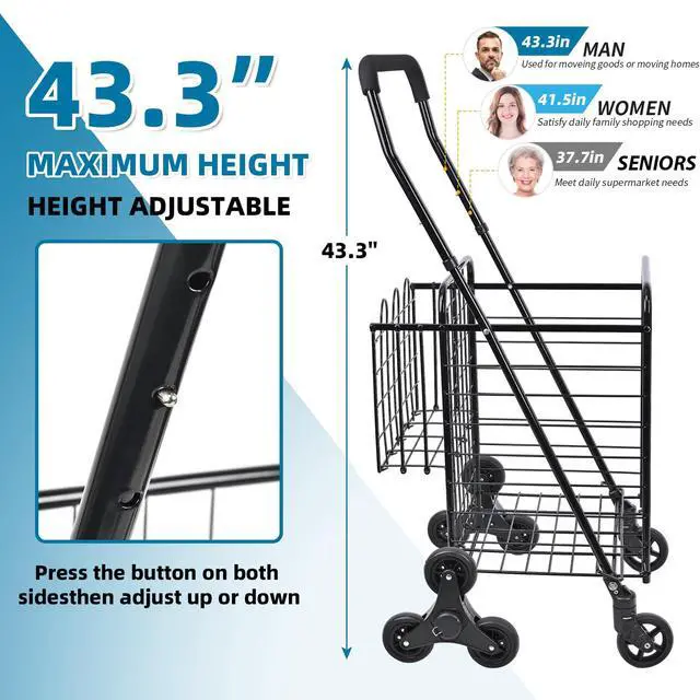 Alt view image 7 of 7 - Stair Climber Grocery Cart w/Waterproof Liner & Tri-Wheels | Foldable Utility Trolley, Up to 100 LBS | Ideal for Groceries, Laundry, Travel