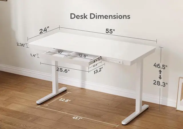 Alt view image 3 of 7 - Glass Standing Desk with Drawers, 55x24 Inch, White | Quick Install, Whole-Piece Glass Top, USB ports and a Type-C port, Buil in Drawers, Writable Glass Top, 2 Hooks