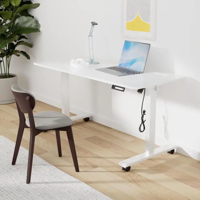 Alt view image 2 of 7 - Electric Standing Desk with Power Outlets and USB-C Port, 55 x 24 Inches Adjustable Height Sit Stand Up Desk for Home Office, Adjustable Desk with Memory Preset and Wheels, White