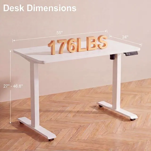 Alt view image 3 of 7 - Electric Standing Desk with Power Outlets and USB-C Port, 55 x 24 Inches Adjustable Height Sit Stand Up Desk for Home Office, Adjustable Desk with Memory Preset and Wheels, White