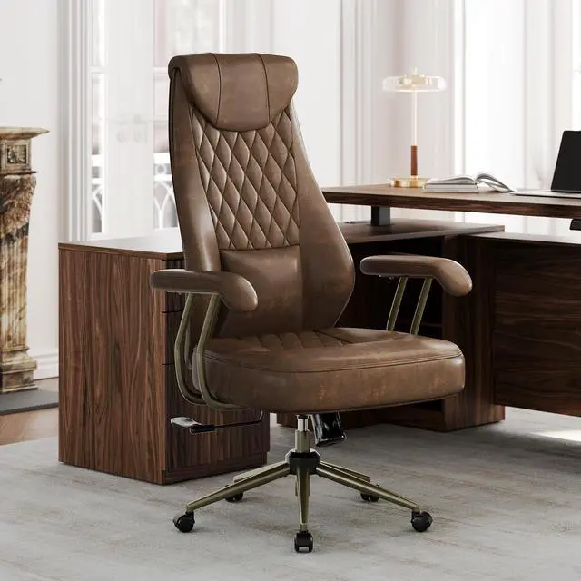 Main image of High Back Executive Office Chair, Ergonomic PU Leather Desk Chair with Integrated Headrest, Lumbar Support & Recline Function, Adjustable Swivel Computer Chair for Home Office, Brown