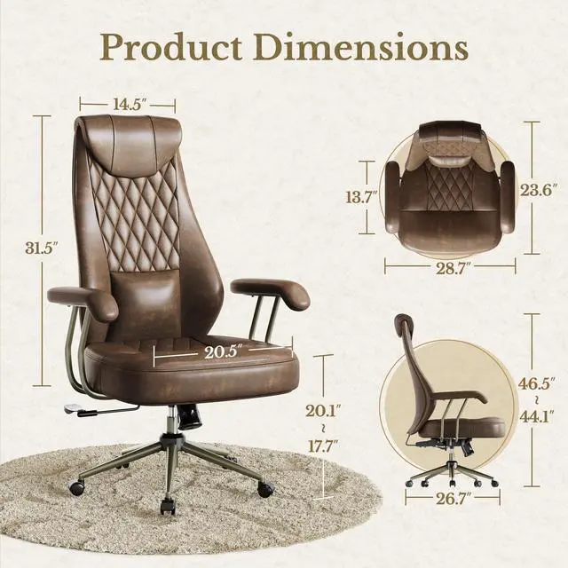 Alt view image 2 of 7 - High Back Executive Office Chair, Ergonomic PU Leather Desk Chair with Integrated Headrest, Lumbar Support & Recline Function, Adjustable Swivel Computer Chair for Home Office, Brown