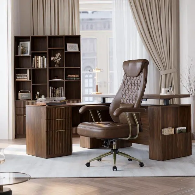 Alt view image 3 of 7 - High Back Executive Office Chair, Ergonomic PU Leather Desk Chair with Integrated Headrest, Lumbar Support & Recline Function, Adjustable Swivel Computer Chair for Home Office, Brown
