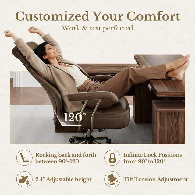 Alt view image 4 of 7 - High Back Executive Office Chair, Ergonomic PU Leather Desk Chair with Integrated Headrest, Lumbar Support & Recline Function, Adjustable Swivel Computer Chair for Home Office, Brown