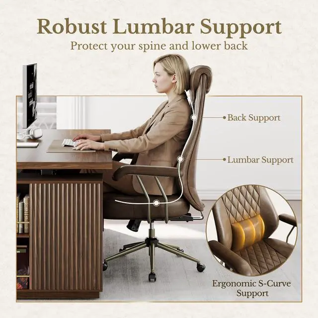 Alt view image 5 of 7 - High Back Executive Office Chair, Ergonomic PU Leather Desk Chair with Integrated Headrest, Lumbar Support & Recline Function, Adjustable Swivel Computer Chair for Home Office, Brown
