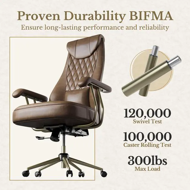 Alt view image 6 of 7 - High Back Executive Office Chair, Ergonomic PU Leather Desk Chair with Integrated Headrest, Lumbar Support & Recline Function, Adjustable Swivel Computer Chair for Home Office, Brown