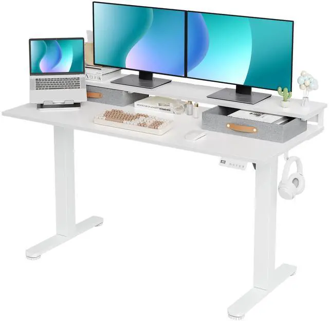Main image of Electric Standing Desk with 2 Drawers, Adjustable Standing Desks with Storage, Height Adjustable Stand up Desk for Home Office with 2 Hooks,55 Inch White
