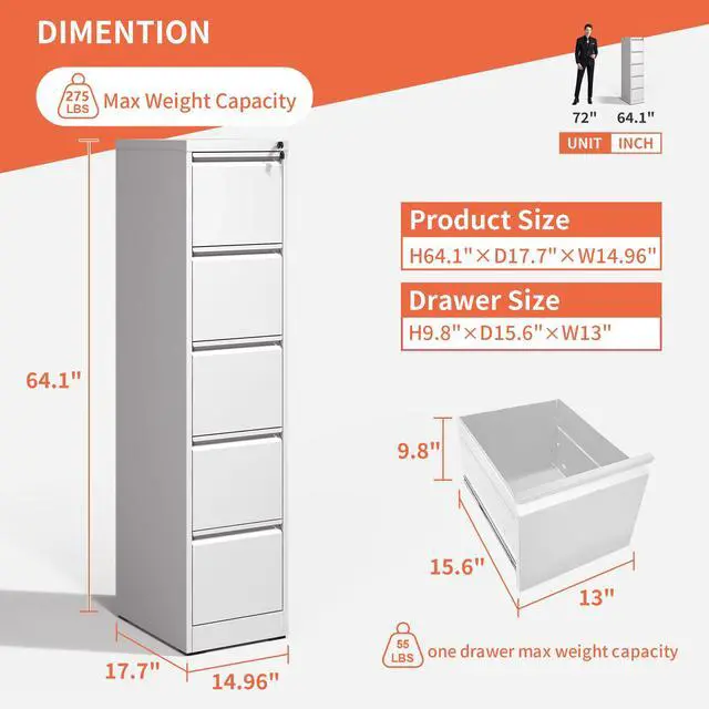 Alt view image 3 of 6 - 5 Drawer File Cabinet with Lock,White Metal Filing Cabinet for Office | Heavy Duty Steel Vertical File Cabinet,Home Office Lockable Storage Cabinet for A4/Letter/Legal Size Files,Assembly Required