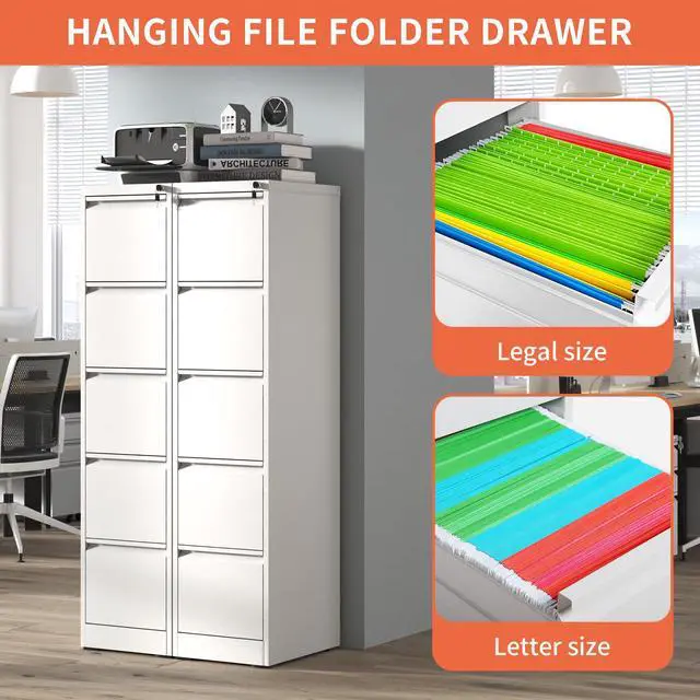 Alt view image 4 of 6 - 5 Drawer File Cabinet with Lock,White Metal Filing Cabinet for Office | Heavy Duty Steel Vertical File Cabinet,Home Office Lockable Storage Cabinet for A4/Letter/Legal Size Files,Assembly Required
