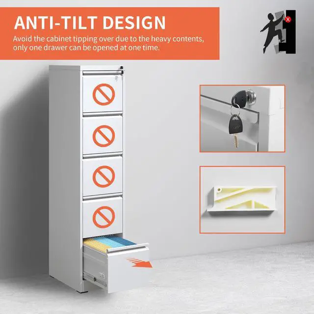 Alt view image 5 of 6 - 5 Drawer File Cabinet with Lock,White Metal Filing Cabinet for Office | Heavy Duty Steel Vertical File Cabinet,Home Office Lockable Storage Cabinet for A4/Letter/Legal Size Files,Assembly Required