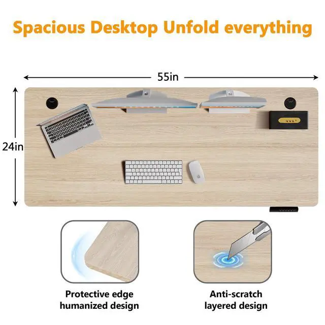 Alt view image 3 of 7 - Hmimi 55'' ×24'' Height Adjustable Electric Standing Desk | Lockable Wheels, 4 Memory Presets, Cable Holes& Hooks, Anti-Collision System, Easy to assemble, Free 40''×18'' Mouse Pad