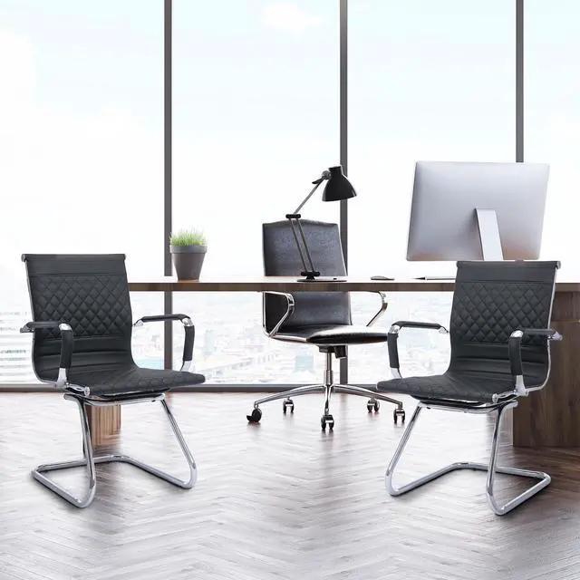 Alt view image 2 of 7 - Office Guest Chairs Reception Chairs Waiting Room Chairs Set of 2 Conference Room Chair with Mid Back, Modern PU Leather Desk Chairs, Black
