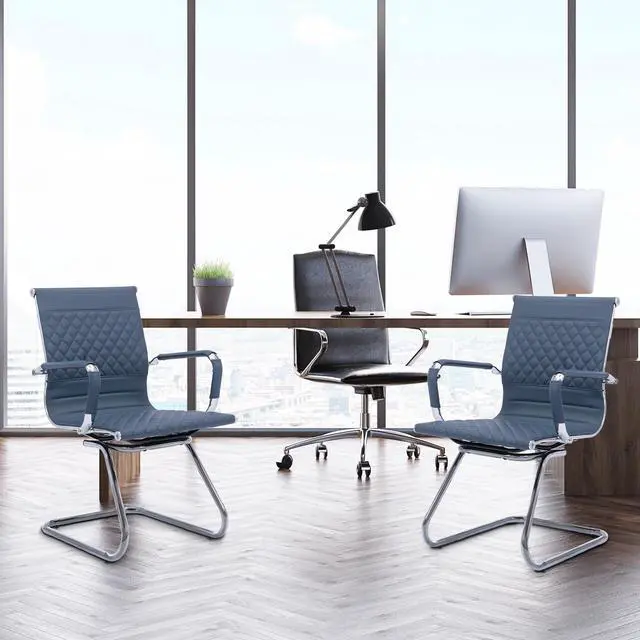 Alt view image 4 of 7 - Office Guest Chairs Reception Chairs Waiting Room Chairs Set of 2 Conference Room Chair with Mid Back, Modern PU Leather Desk Chairs, Navy