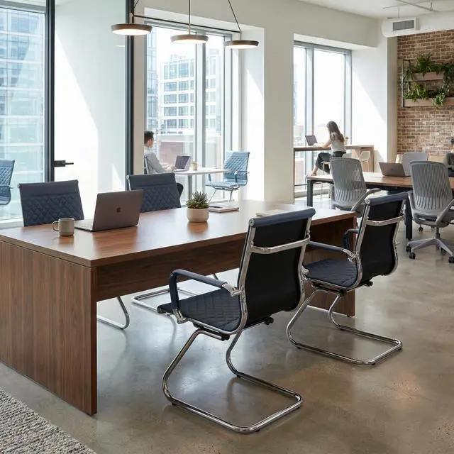 Alt view image 6 of 7 - Office Guest Chairs Reception Chairs Waiting Room Chairs Set of 2 Conference Room Chair with Mid Back, Modern PU Leather Desk Chairs, Navy