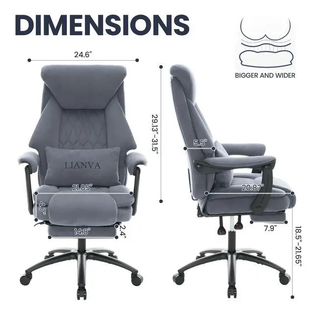 Alt view image 2 of 7 - Big and Tall Office Chair, 500LBS Ergonomic Executive Office Chair with Foot Rest, 155° Reclining High Back Gaming Desk Chair with Lumbar Support, Adjustable Headrest & Linked Armrests, Gray