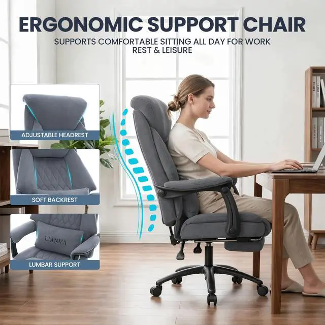 Alt view image 3 of 7 - Big and Tall Office Chair, 500LBS Ergonomic Executive Office Chair with Foot Rest, 155° Reclining High Back Gaming Desk Chair with Lumbar Support, Adjustable Headrest & Linked Armrests, Gray