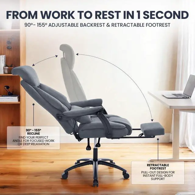Alt view image 5 of 7 - Big and Tall Office Chair, 500LBS Ergonomic Executive Office Chair with Foot Rest, 155° Reclining High Back Gaming Desk Chair with Lumbar Support, Adjustable Headrest & Linked Armrests, Gray