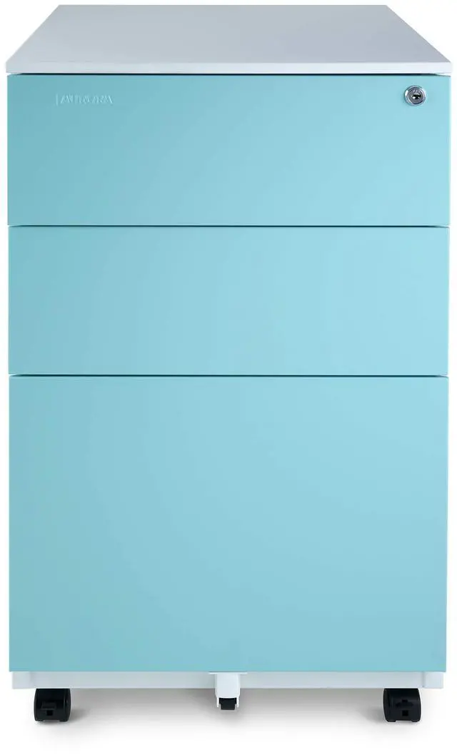 Main image of Mobile File Cabinet 3-Drawer Metal with Lock Key Sliding Drawer, White/Aqua Blue, Fully Assembled, Ready to Use