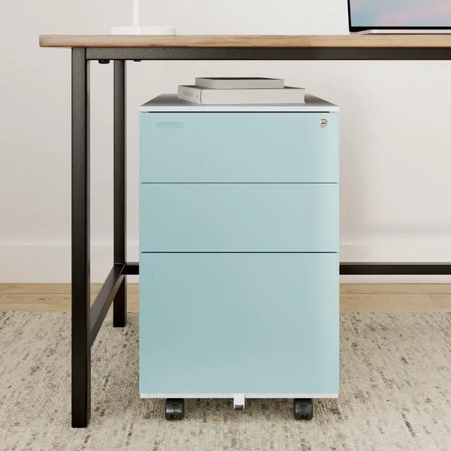 Alt view image 2 of 5 - Mobile File Cabinet 3-Drawer Metal with Lock Key Sliding Drawer, White/Aqua Blue, Fully Assembled, Ready to Use